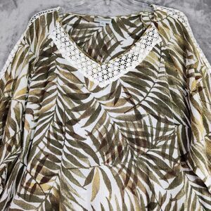 Catherines Tunic Top Womens 5X‎ Green Palm Frond Print 3/4 Sleeve Tropical Beach